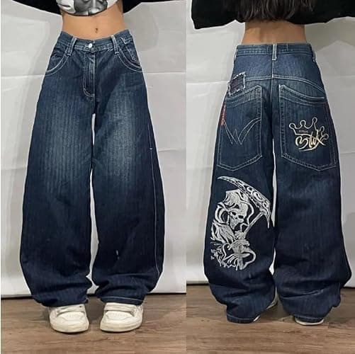 Baggy Y2k Jeans Men Women Hip Hop Vintage Wide Leg Jeans with Skeleton Print Goth High Waist Denim Pants Street Wear thumbnail 2