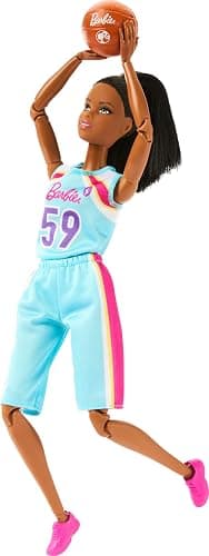 Barbie Careers Fashion Doll & Accessories, Made to Move Brunette Basketball Player Wearing Removable Uniform with Ball, 22 Bendable Joints thumbnail 2