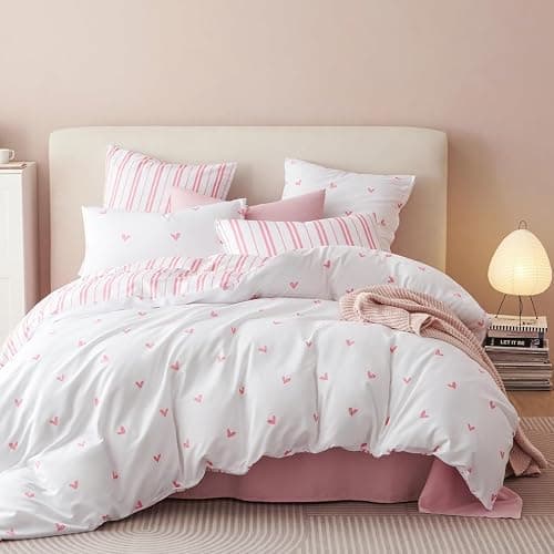 Sedefen Housse de Couette 140x200 cm cœur Rose Rayures Ado Adultes Parure de Lit 1 Personne avec Fermeture Éclair Filles Housse Couette en Microfibre avec 1 Taie d'oreiller 65x65 cm - Rose Coeur Réversible - 140x200cm+65x65cm*1 thumbnail 3