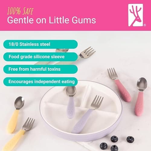 Elk and Friends Kids Silverware with Silicone Handle | Childrens Safe Flatware | Toddler Utensils | Baby Spoons + Forks | Stainless Steel Cutlery thumbnail 3