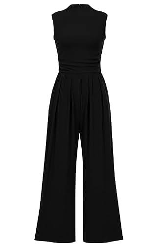 PRETTYGARDEN Womens Summer Jumpsuits Dressy Casual One Piece Outfits Sleeveless Mock Neck Wide Leg Pants Rompers with Pockets - Image 1