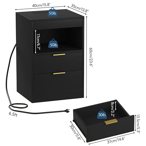 Yusong Night Stand, Bedside Table, LED Nightstand with Charging Station, Modern Night Stand, Wood Sofa Couch End Side Table with 2 Pull-Out Shelf (Black) thumbnail 2