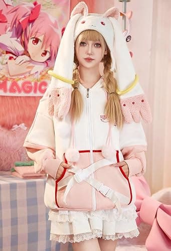 Micotaku Plush Hat Puella Magi Madoka Magica Kyubey Adorable Cosplay Accessory Pink and White thumbnail 4