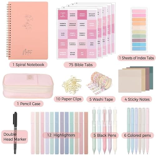 SKYDUE Bible Study Kit, Bible Journaling Supplies, Bible Annotation Set with Aesthetic Tools, Highlighter and Gel Pen Set, Pencil Case with Bible Tabs, Gift for Bible Enthusiasts (Pink) - Pink Plus thumbnail 2