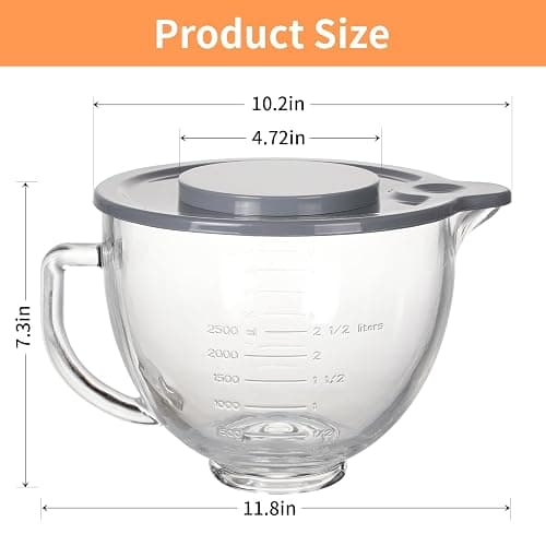 5QT Glass Bowl Compatible with KitchenAid 4.5 and 5-Quart Tilt Stand Mixers,Glass Mixing Bowl with Lid, Measurement Markers and Handle thumbnail 3