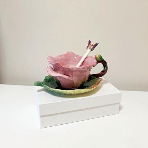 Minigift Ceramic Tea Cup and Saucer Set ，6OZ 3D Hand-Painted Flower and Lotus Leaf Coffee Mug，Gift for Women- Dark Pink Rose thumbnail 2