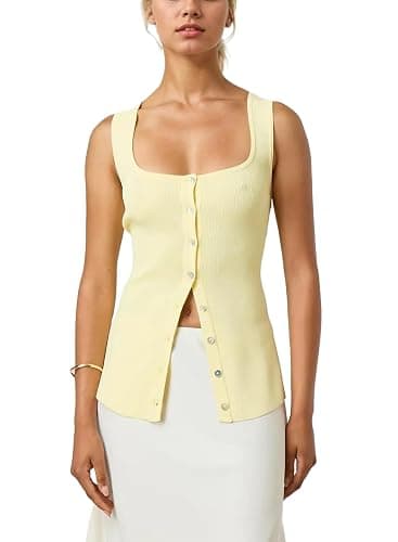 AIHUKOCY Women Square Neck Button Down Knit Tank Top Button-Up U Neck Sleeveless Backless Solid Slim Sexy Sweater Vest Tops - Image 1
