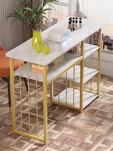 Zucebos Nail Desk with 3-Tier Shelves, Modern Manicure Table with Marble Top and Gold Frame, Nail Tech Desk for Beauty Salon Spa White thumbnail 2