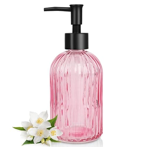 Topsky Stripe Glass Soap Dispenser with Black Plastic Pump, 400ml Liquid Hand Soap Dispenser, Rustproof Pump for Kitchen & Bathroom, Great for Lotions, Essential Oil, Liquid Soaps-Pink - Image 1