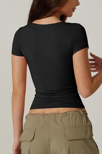 QINSEN Women's Twist Front V Neck T Shirts Double Lined Short Sleeve Slim Fit Crop Top Trendy Y2K Tops Tee thumbnail 4