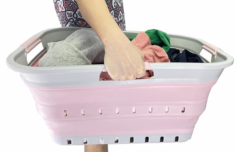 SAMMART 42L (11 gallon) Collapsible Plastic Laundry Basket - Foldable Pop Up Storage Container/Organizer - Portable Washing Tub - Space Saving Hamper/Basket (Grey/Pale Pink) thumbnail 8