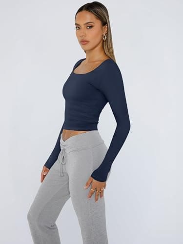 Trendy Queen Womens Long Sleeve Shirts Crop Tops Fall Fashion 2025 Square Neck Going Out Basics Tees Y2k Clothes thumbnail 4