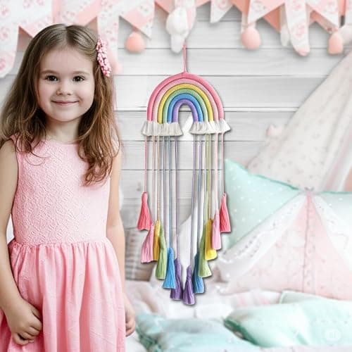 Honcas Rainbow Macrame Wall Hanging - Hand-Woven Cotton Tassel Tapestry Decor for Baby Room, Nursery, and Home Decor (Pink Rainbow) thumbnail 2