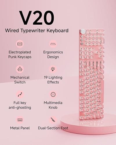 EWEADN Typewriter Style Mechanical Keyboard, Wired Typewriter Keyboards,104 Keys Backlit LED Metal Keyboards, Media Control Knob, Wired Computer Keyboard White Switch for Windows/Mac/PC-Dark Pink thumbnail 3
