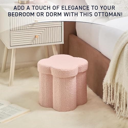 Ornavo Home Pink Boucle Storage Ottoman Cube – Flower-Shaped Footstool with Hidden Storage, Faux Teddy Fur Foot Rest for Living Room, Bedroom & Dorm, 12" Inch thumbnail 7