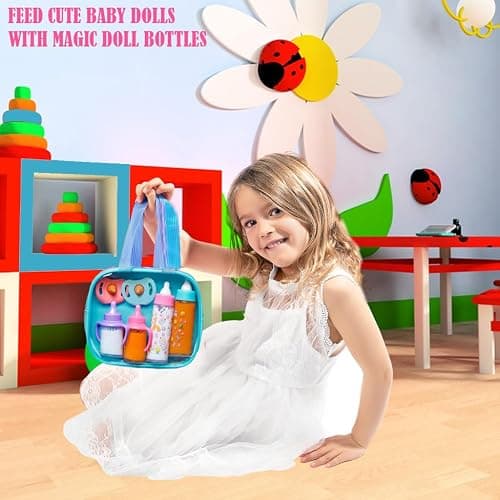 fash n kolor My Sweet Baby Disappearing Doll Feeding Set, Baby Care 6 Piece Doll Feeding Set - for Toy Stroller | 2 Milk & Juice Bottles with 2 Toy Pacifier for Baby Dolls (Blue) thumbnail 4