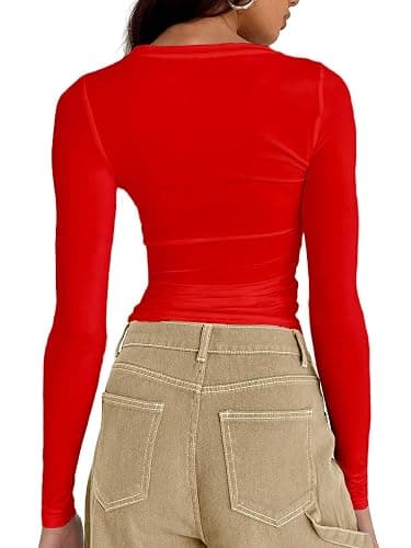 Dwnval Women Sexy Basic T Shirts Tops Summer Short Sleeve Crewneck Slim Fit Cute Crop Top Blouses - Small - 2# Big Red thumbnail 2