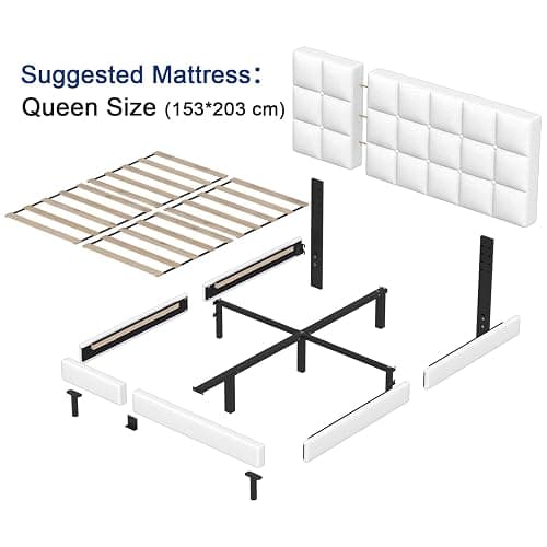 Twolike Queens Bed Frames with Upholstered Platforms, Foldable Metals Frames & Simplys Tool Assembly, Queen Bed Frames with White Breathable Fabric thumbnail 2
