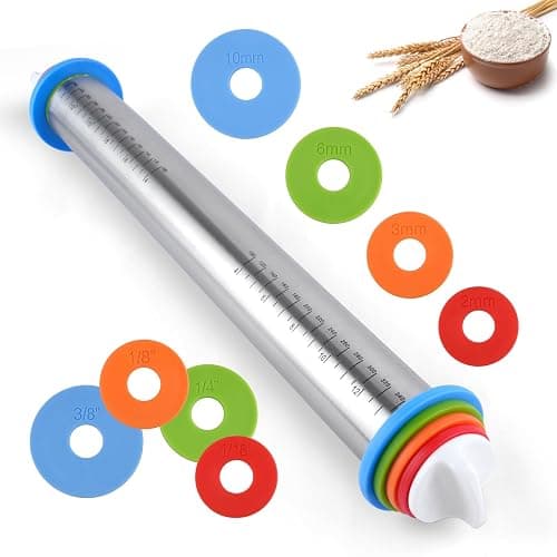 Adjustable Rolling Pin with 4 Thickness Rings for Baking, 17” Stainless Steel Dough Roller with Clear Measurement Markings for Pizza, Fondant, Pie, Cookies, Baking Supplies, Pastry, Pasta - Image 1