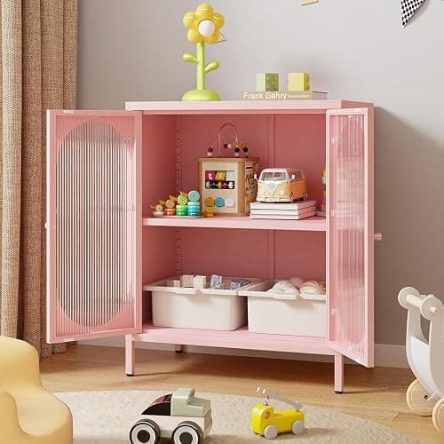 LYMOUYEE 2 Translucent Door Metal Accent Storage Cabinet for Home, Living Room, Office Room,Kitchen-Metal Locker Cabinet with 1 Adjustable Shelves-2-Tier (Pink) thumbnail 2