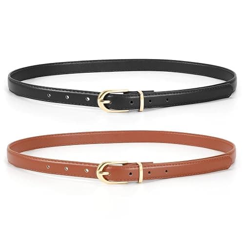 JASGOOD 2 Pack Womens Skinny Leather Belt Ladies Thin Faux Leather Belt with Gold/Silver Buckle for Jeans Dress Pants - Image 1