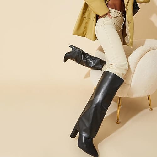 Modatope Knee High Boots Women Fold Over Knee High Boots Chunky High Heels Long Boots Zipper Pointed Toe Dress Tall Boots for Women thumbnail 6