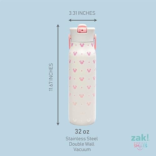 Zak Designs Disney Minnie Mouse Harmony Water Bottle for Travel or At Home, 32oz Stainless Steel is Leak-Proof When Closed and Vacuum Insulated with Straw Lid, Carry Handle, and 3D Artwork thumbnail 3