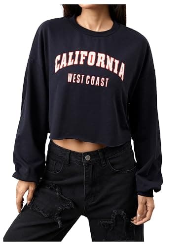 SweatyRocks Women's Casual Long Sleeve Crew Neck Letter Print Crop Top Sweatshirt - Image 1