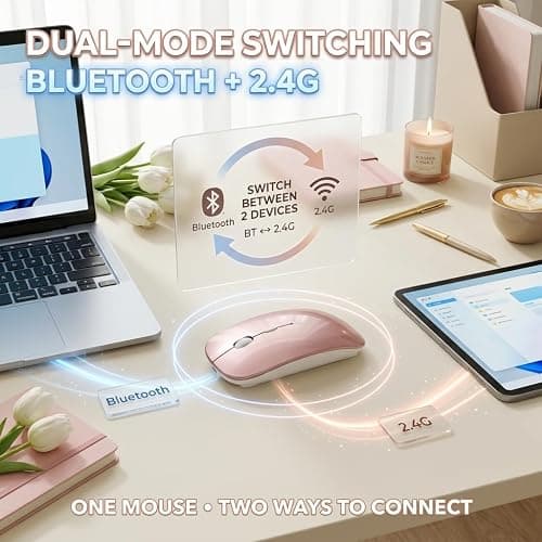 LOONASA Wireless Bluetooth Mouse for Mac Air MacBook Pro Laptop PC Pad Optical Rechargeable Silent Mouse with Jiggler Mode Dual Mode Switch Bluetooth 5.2/3.0 and 2.4G USB-A & USB-C Receiver Rose Gold thumbnail 3