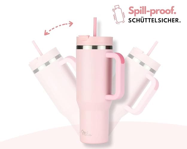 Milu Thermobecher 1,2L mit Strohhalm und Henkel – 48h Eis/24h kalt/12h heiß Edelstahl Tumbler 40oz mit Griff Isolierbecher to go Isolierflasche Trinkflasche doppelwandig isoliert (Blossom Pink, 1,2L) thumbnail 7