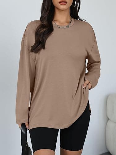 Trendy Queen Oversized Side Slit Tshirts for Women Long Sleeve Workout Tops Fall Fashion Gym Casual Tees Basic Y2K Clothes thumbnail 2