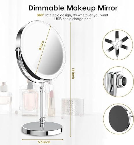 Lighted Makeup Mirror, 8" Rechargeable Double Sided Magnifying Mirror with 3 Colors, 1x/10x 360° Rotation Touch Screen Vanity Mirror, Brightness Adjustable Magnification Cosmetic Light up Mirror thumbnail 3