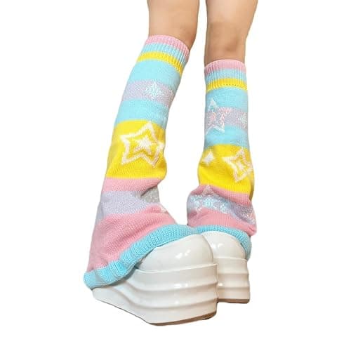 LIURONGNI Candy Color Rainbow Reversible Flared Leg Warmers with Sweet Star Pattern for Women Aesthetic Knitted Foot Covers Socks thumbnail 8