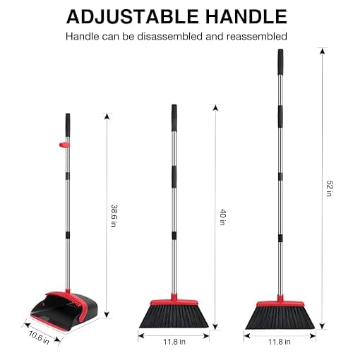 NACENA Broom and Dustpan Set, 52-in Long Adjustable Handle Broom Dustpan Combo with Dustpan Teeth to Automatically Clean Hair Suitable for Home Kitchen Office Hall Floor（Black&Red） thumbnail 3