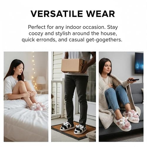 NICO×ASH Furry Cow Slippers for Women, Men & Teens, Warm Animal House Slippers, Comfy Winter Home Shoes thumbnail 4