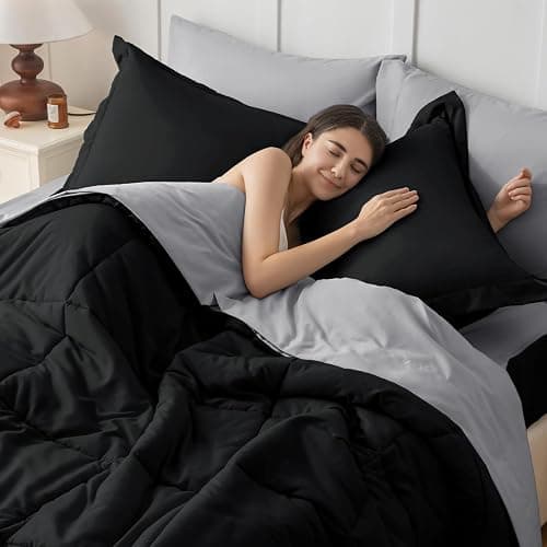 JOLLYVOGUE Full Comforter Set, Ultra-Soft Bed in a Bag Full Size 7 Pieces, Oeko-TEX Certified Bedding Set with Down Alternative Comforter, Sheets, Pillowcases & Shams, Black & Light Grey thumbnail 7