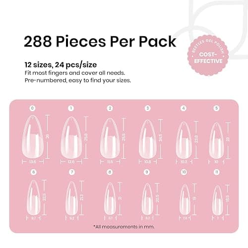 Beetles Gel Nail Tips Medium Almond Etch X, 12 Sizes 288 PCS | Half Matte Press on False Nail Tips Clear Acrylic Nails Extension Glue on Nails DIY Gift for Women thumbnail 3