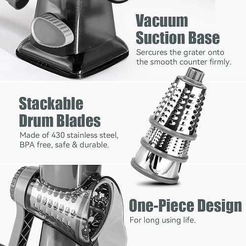 KEOUKE Rotary Cheese Grater Hand Crank Transparent - Shredder Slicer Grinder 3 Stainless Steel Blades, Stable Suction, Labor-Saving Handle, Safe Kitchen Tool for Cheese, Vegetable, Nuts, Chocolate thumbnail 5