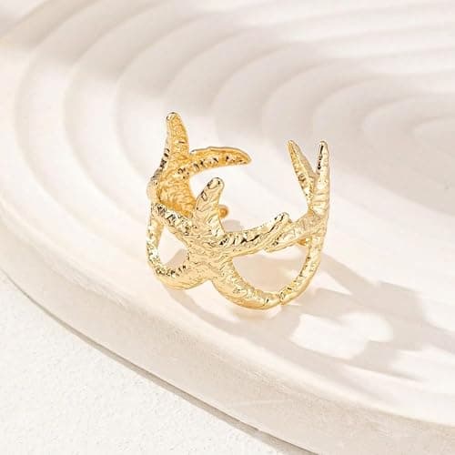 3Pcs Gold Set Seashell Starfish Ring For Women, 18k Gold Dainty Summer Beach Wave Stackable Open Rings Adjustable Surfer Fashion Beachy Jewelry Gifts - Gold - 3Pcs thumbnail 4
