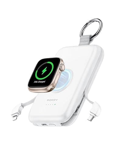 RORRY Portable Charger, 10000mAh PD 20W Fast Charging Portable Charger Power Bank with Built in Cables, Travel Battery Pack for iPhone 17/16/15/14/13/12 and Apple Watch Ultra/11/10/9/8/7/6/5, White - Image 1