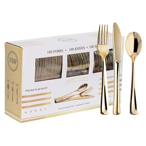 N9R 300PCS Gold Plastic Silverware, Disposable Plastic Cutlery/Utensils | Heavy Duty Flatware, 100 Forks, 100 Spoons, 100 Knives, for Party, Wedding & Everyday Use - Image 1