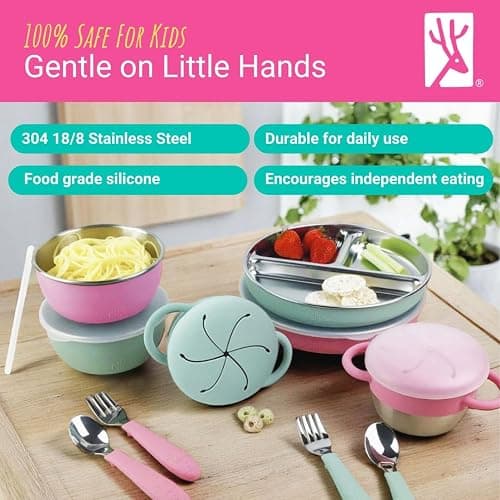 Elk and Friends Stainless Steel Mealtime Bundle with Sleeves | 10pc Set | Kids/Toddler Dinner Set | Silicone Sleeves | 7.8" Plates, Bowls, Snack Cups, Toddler Utensils | Travel Lids | Dishwasher Safe thumbnail 4