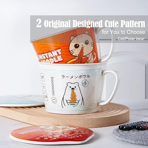 TOPWCK Cute Polar Bear Microwave Ceramic Ramen Bowl with Lid, soup bowls with handles, Gift for Noodle Lovers, ramen noodle microwave cooker, ramen gift Microwave and Dishwasher Safe (Polar Bear) thumbnail 6
