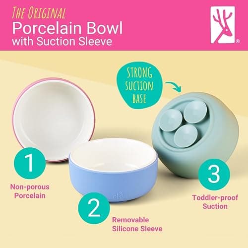 Elk and Friends Kids/Toddler Porcelain Bowls + Suction Sleeves | 4pk | Suitable for Babies | Silicone Suction Sleeve | Microwave + Dishwasher Safe | Baby-Led Weaning Supplies thumbnail 3