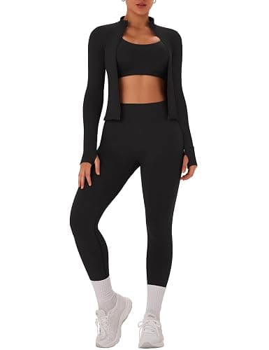 OLCHEE Womens Workout Sets 3 Piece Seamless Long Sleeve Jacket Scrunch Butt Leggings Racerback Sports Bra Yoga Gym Outfits - Image 1