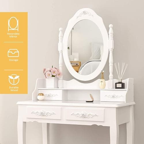 Alohappy Makeup Vanity Set with Mirror & Stool for Girls, Vanity Table and Cushioned Stool Set with 4 Drawers, Wood Dressing Table for Bedroom thumbnail 5