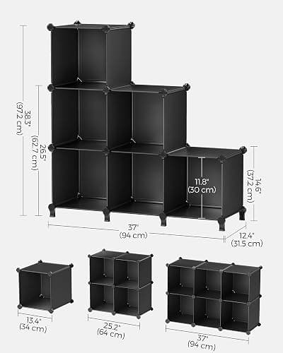 SONGMICS 6 Cube Storage Organizer, Modular Bookshelf, DIY Closet Organizers and Storage, Plastic Stackable Shelves, 11.8 x 11.8 x 11.8 Inch Cubes, with Feet and Rubber Mallet, Black ULPC06H thumbnail 3
