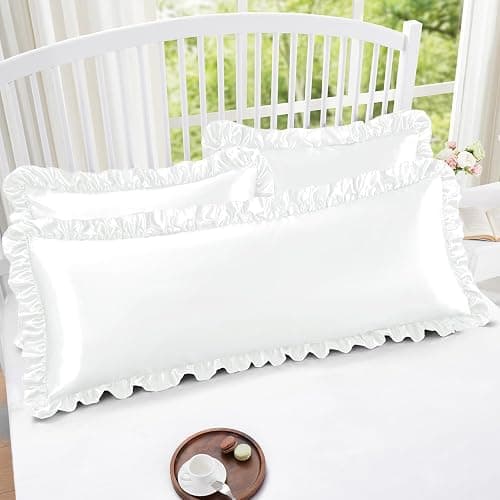 Homiest Ruffle Satin Body Pillow Cover, Silky Satin Body Pillowcase with Envelope Closure, Luxury & Ultra Soft Long Pillow Cases for Hair and Skin, Ruffled Long Pillow Shams (White) thumbnail 2