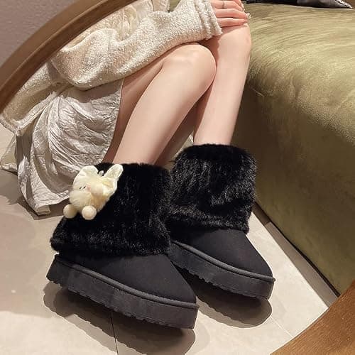 UNMULFC Cute Platform Boots Women's Snow Boots Chunky Winter Shoes Aesthetic Bow Pearl Thick Sole Kawaii Fuzzy Plush Fluffy thumbnail 6