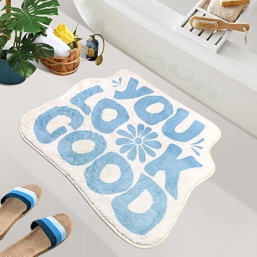 SHIYUE You Look Good Bath Mat Cute Funny Flower Bathroom Rug, Soft Absorbent Water Non Slip, Superior Washable Microfiber Cool Shower Preppy Decor Rug (Sky Blue 21"x25") - Image 1